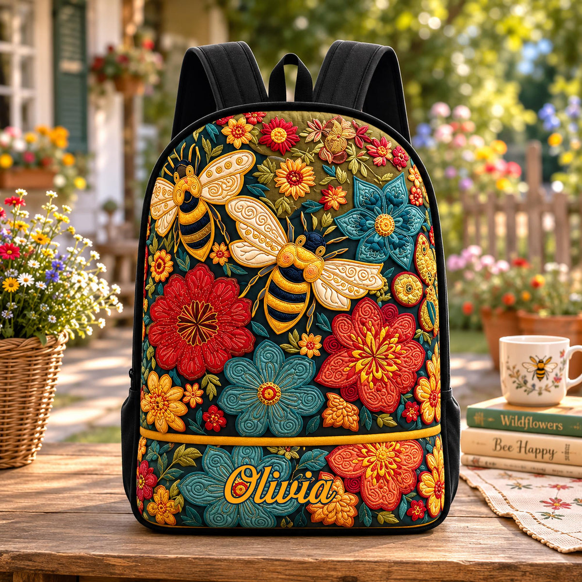 Artisan quilted backpack with bees moving amongst a scattered meadow of wildflowers and green foliage