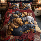 Dachshund Snuggle quilted bedspread set – snuggling Dachshunds on warm patchwork