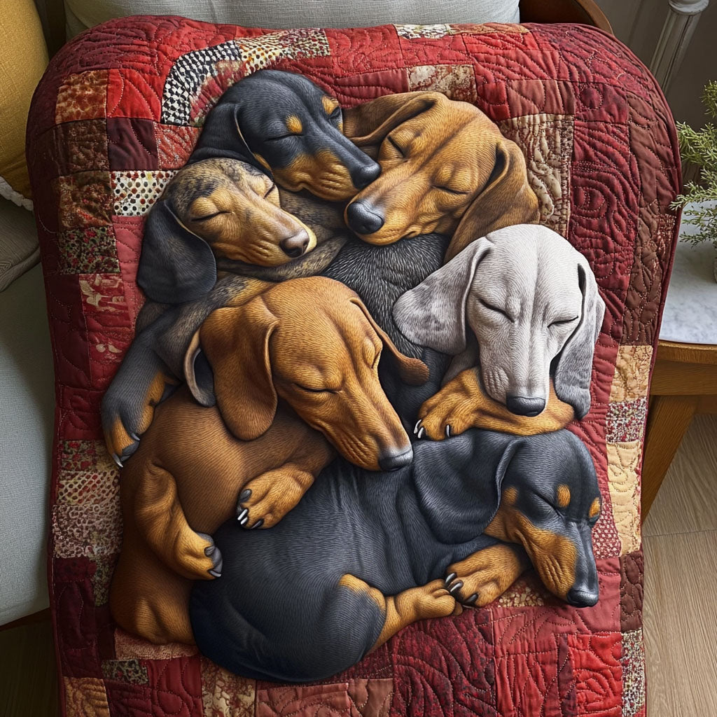 Dachshund Heap quilted throw – dachshunds snuggled on warm red