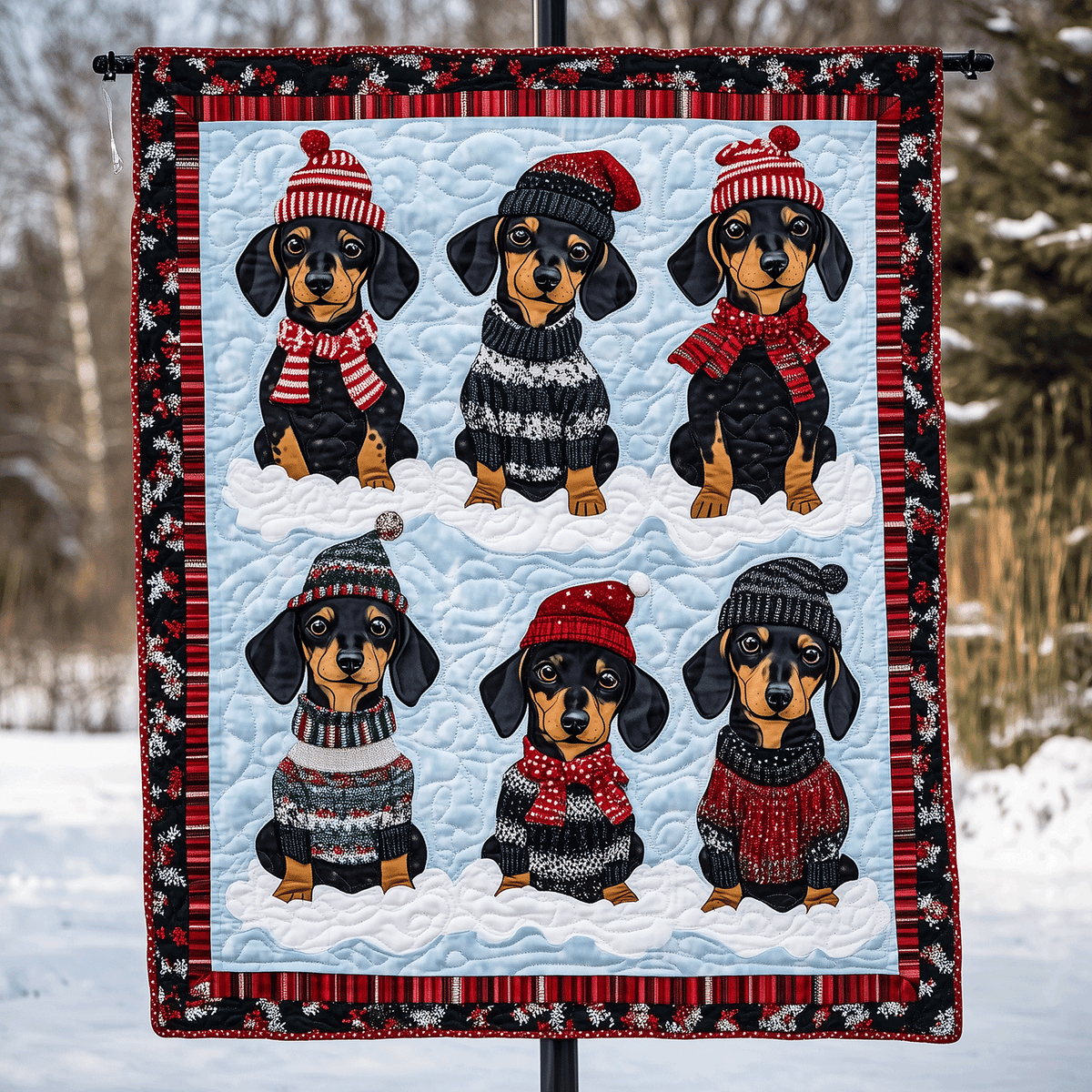 Dachshund Bobble Hats art quilt – dachshunds in bobble hats