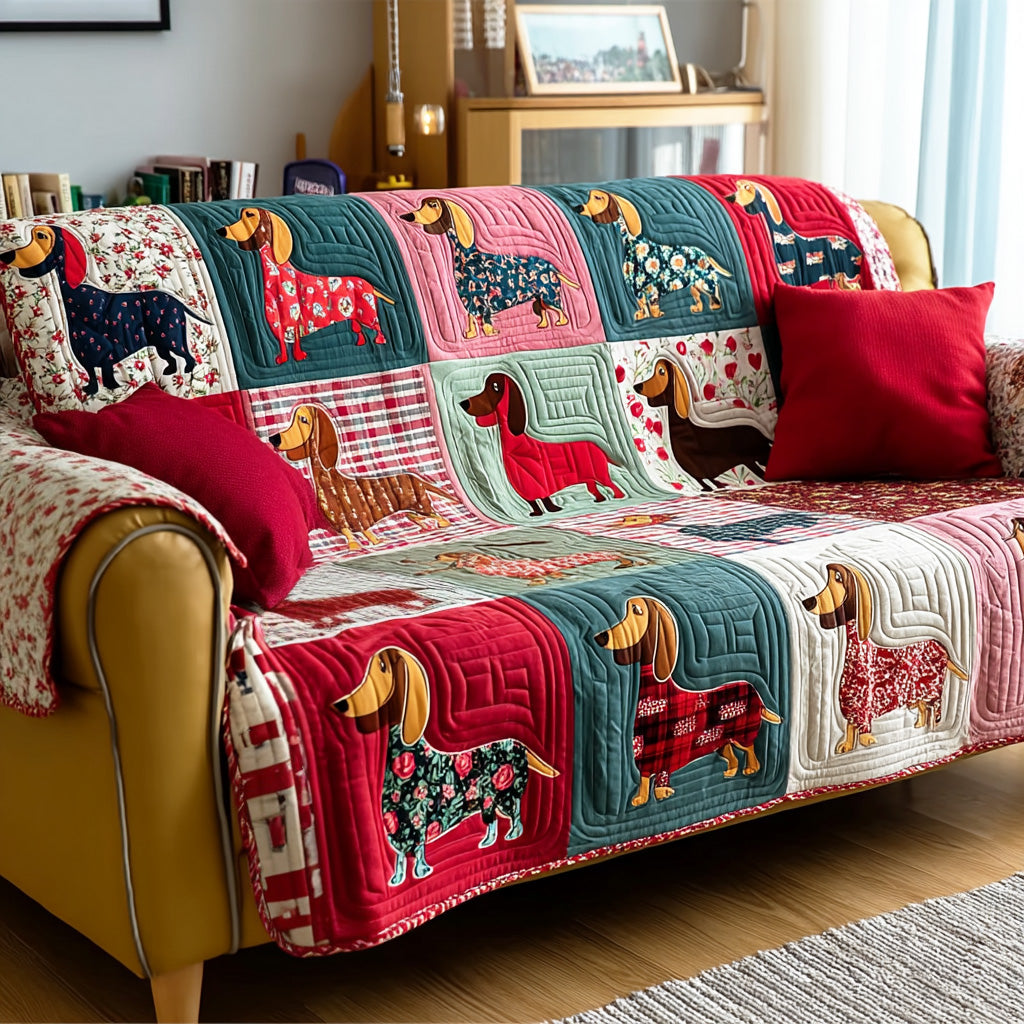 Dachshund Patchwork quilted sofa cover – dachshunds in colourful patchwork