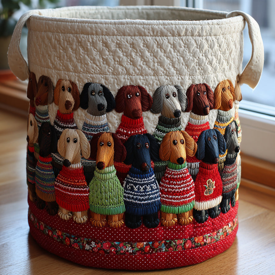 Quilted laundry basket with a Dachshund Parade design of dachshunds trotting nose to tail in different colours and striped coats, with wave stitching and carry handles