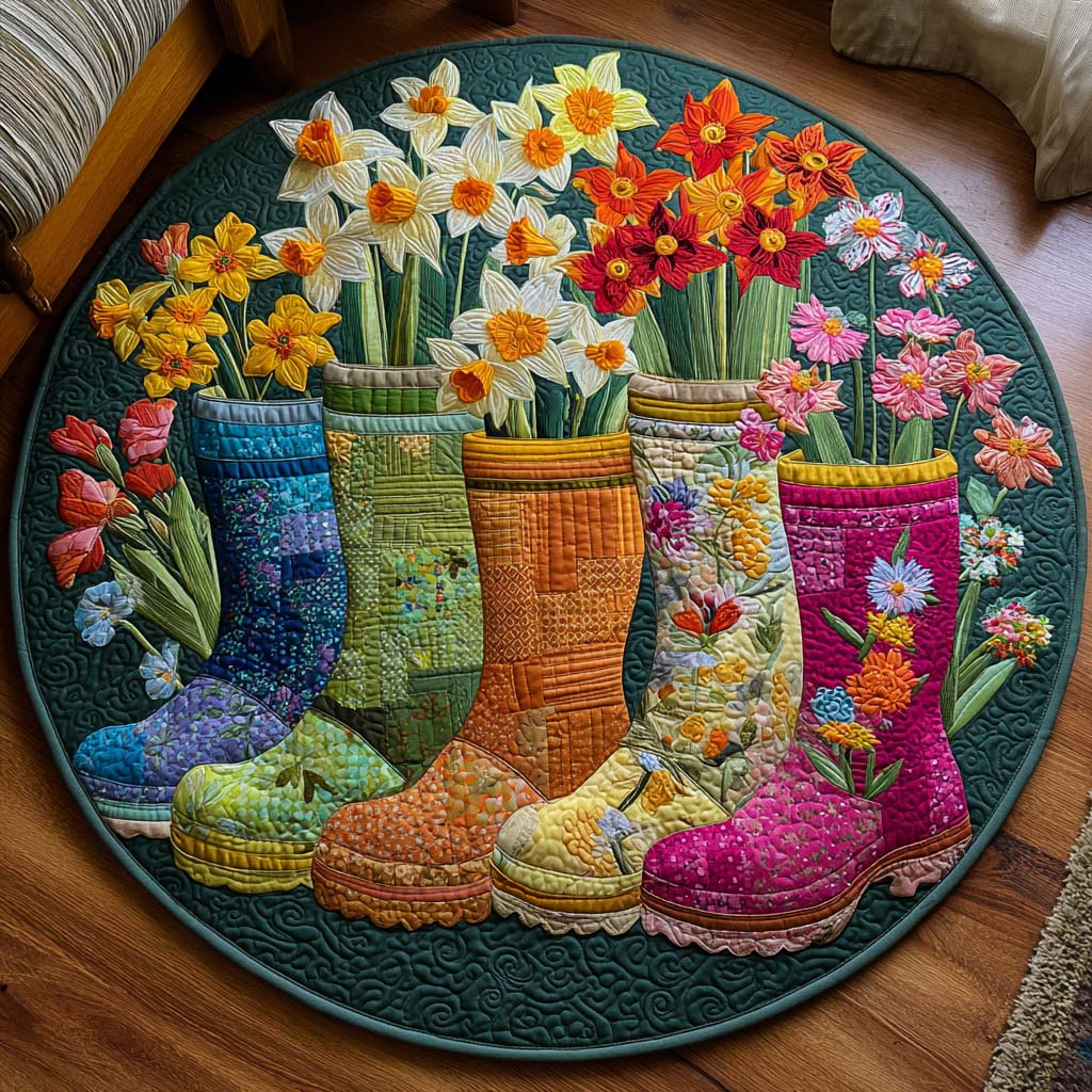 Daffodil Rain Boots round quilted mat – wellies with daffodils