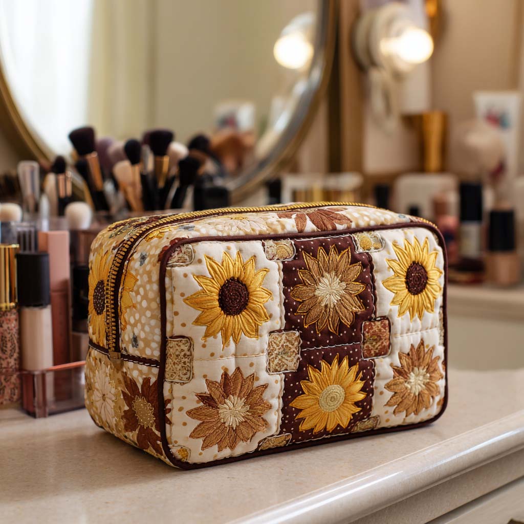 Quilted make-up bag with the Daily Sunshine design of sunflower heads and small suns in an even warm yellow and gold repeat