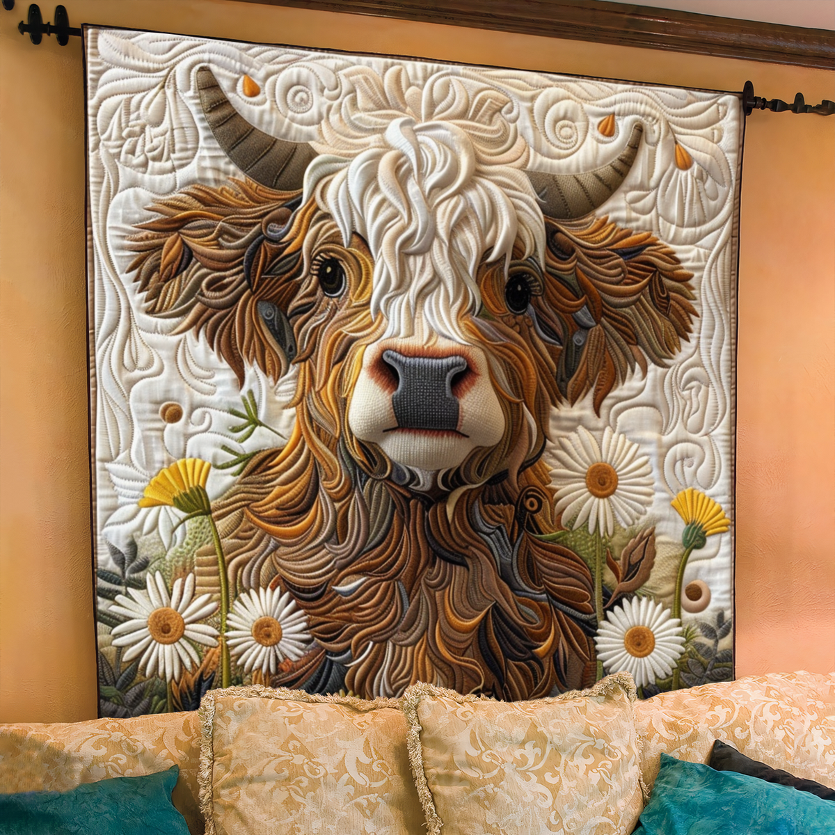 Highland Cow and Daisies quilted throw – highland cow among white daisies