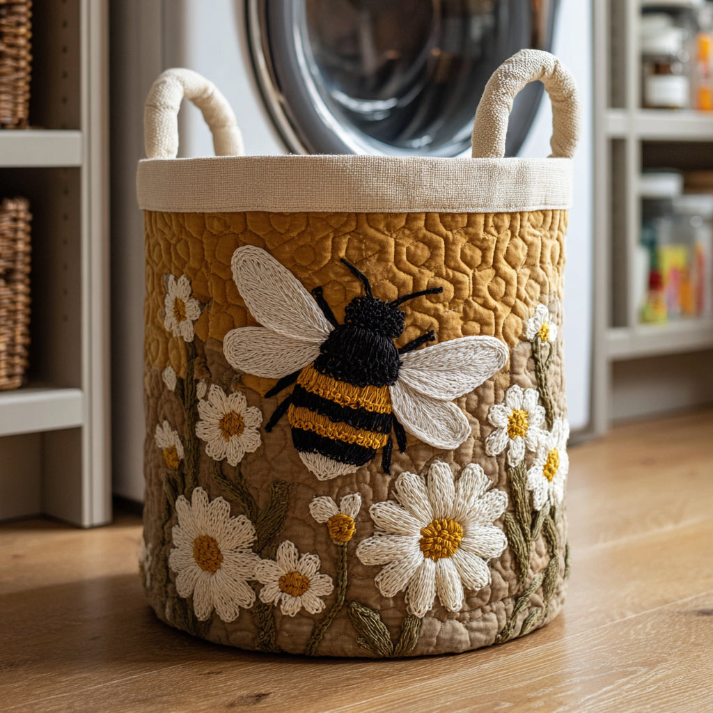 Quilted laundry basket with a bumblebee and white daisies on honey gold