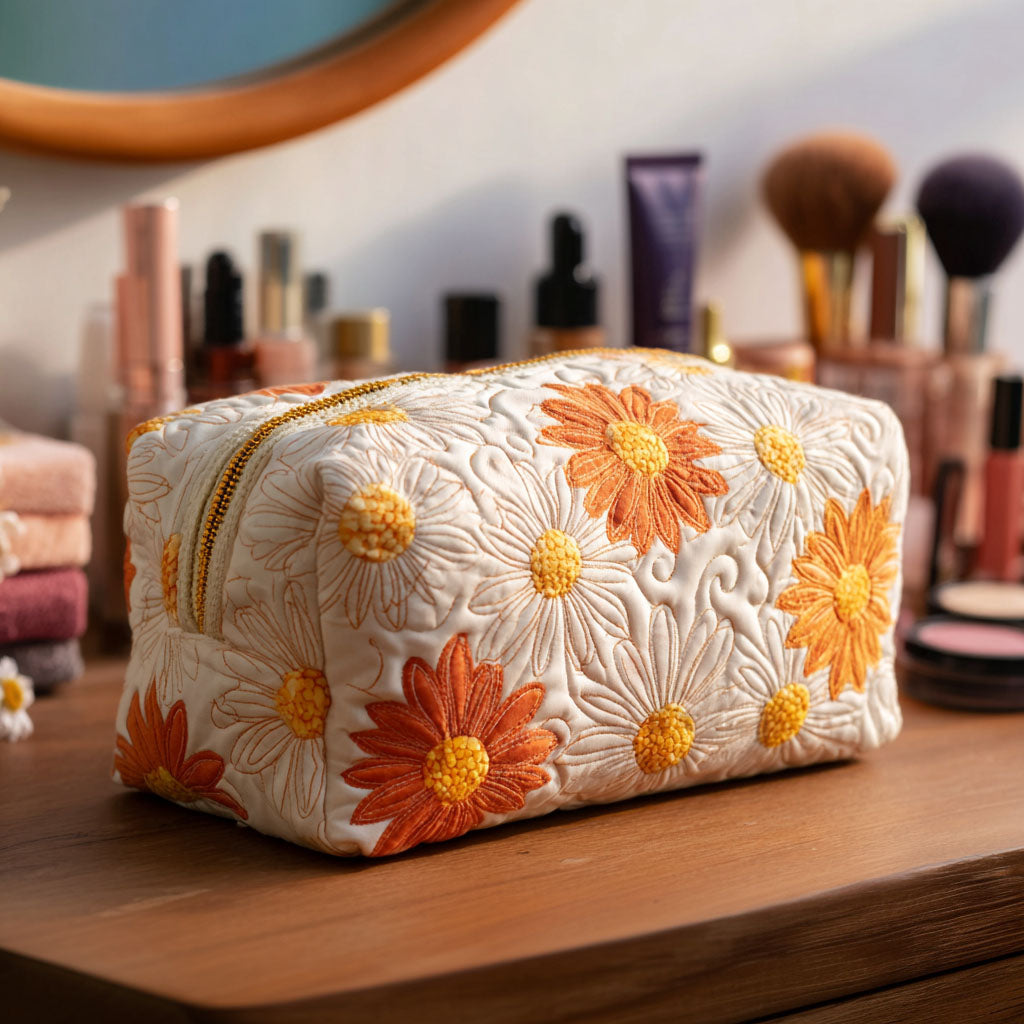 Quilted make-up bag with the Daisy Charm design of small white daisies with golden centres scattered on a soft ground