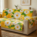 Sunny Daisies quilted sofa cover – white daisies on sunny yellow