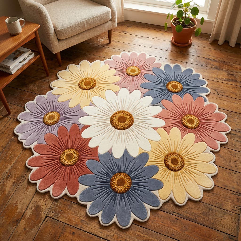 Daisy Fields shaped rug – pastel daisies