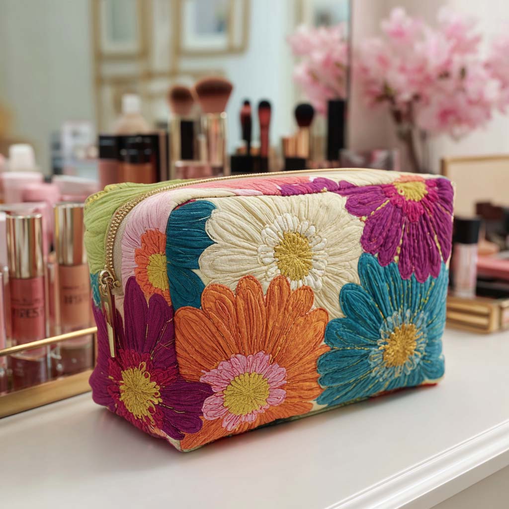 Quilted make-up bag with the Daisy Glow design of daisies and open blooms lit in warm gold against soft green on padded quilting