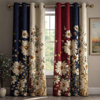Daisy Panels quilted curtains – white daisies on navy and red