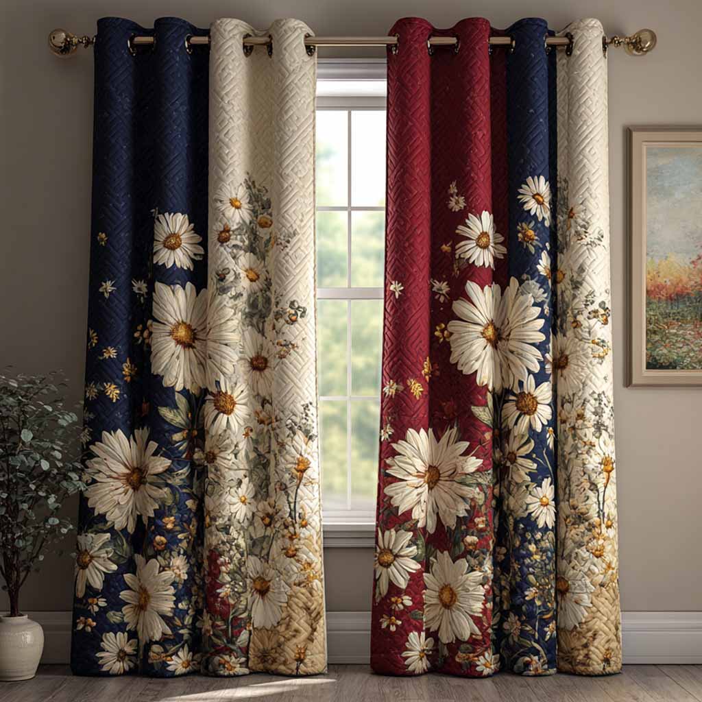 Daisy Panels quilted curtains – white daisies on navy and red