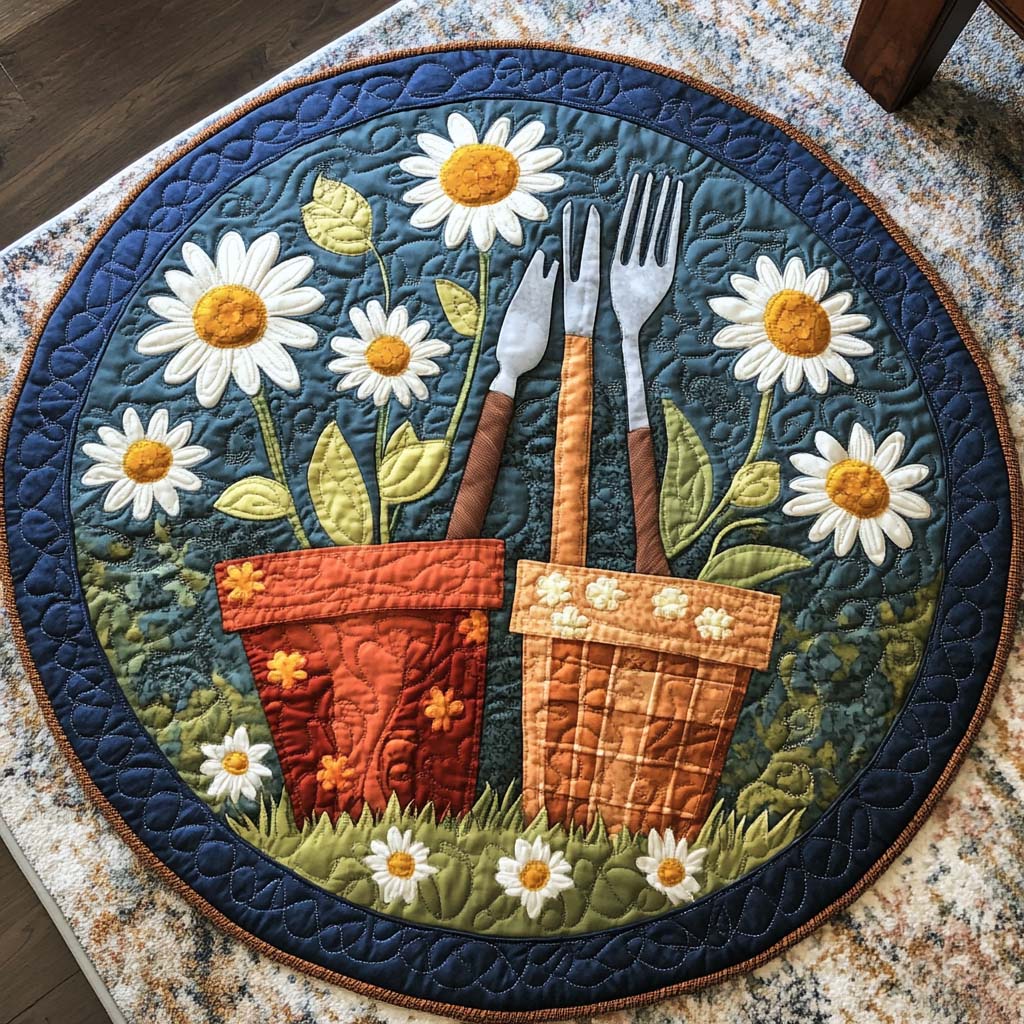 Daisy Pots round quilted mat – daisies in pots