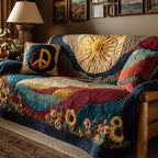 Peace and Sunshine quilted sofa cover – golden sun over sunflower waves