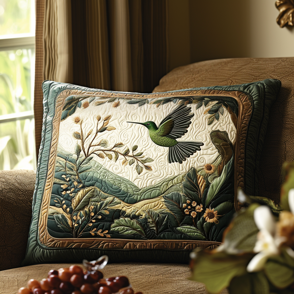 Hummingbird Valley quilted pillowcase – hummingbird over a leafy valley