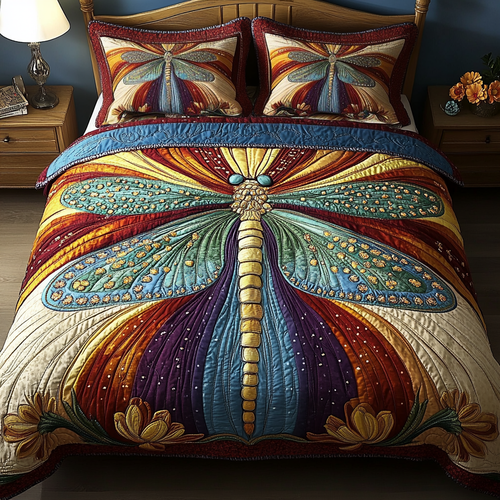Rainbow Dragonfly quilted bedspread set – dragonfly with rainbow wings over curved bands