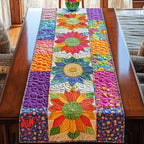 Rainbow Flower Squares quilted table runner – flowers in rainbow squares