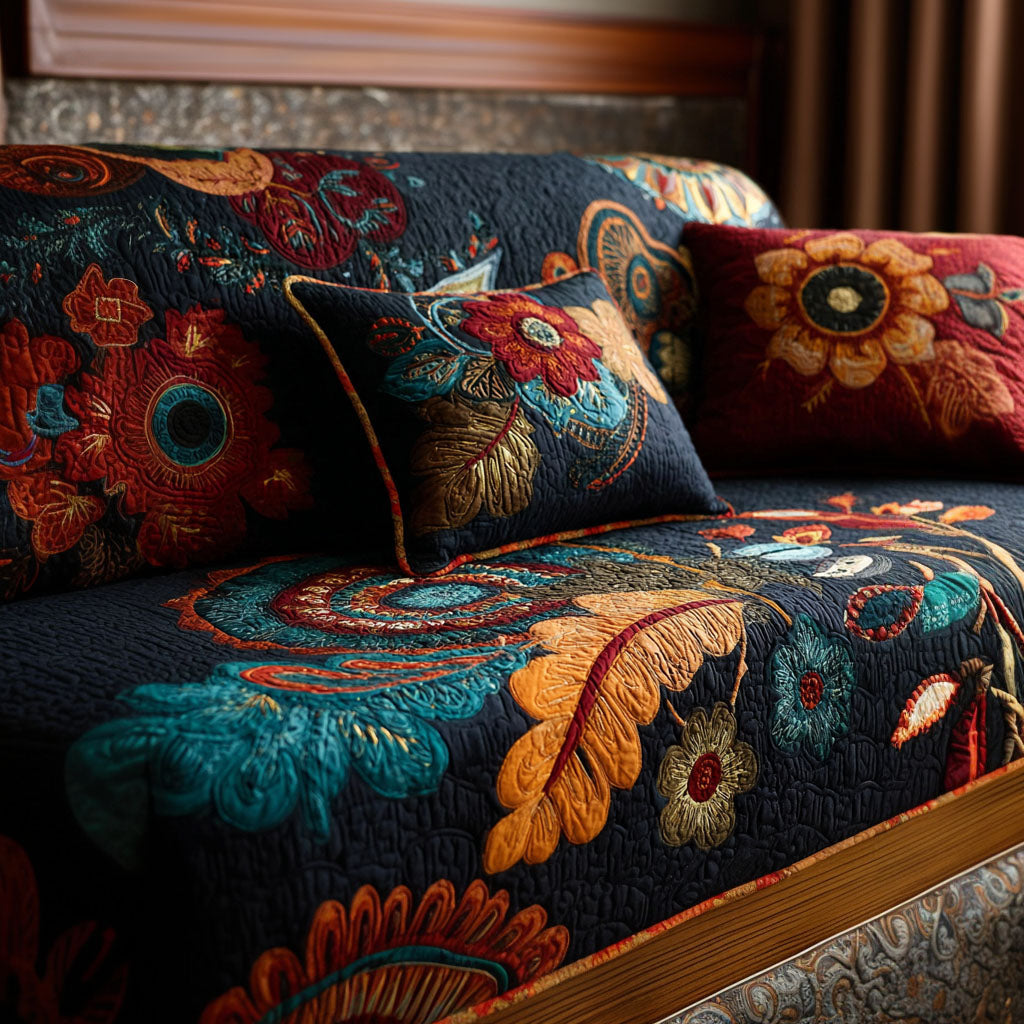 Folk Floral Navy quilted sofa cover – folk flowers on deep navy