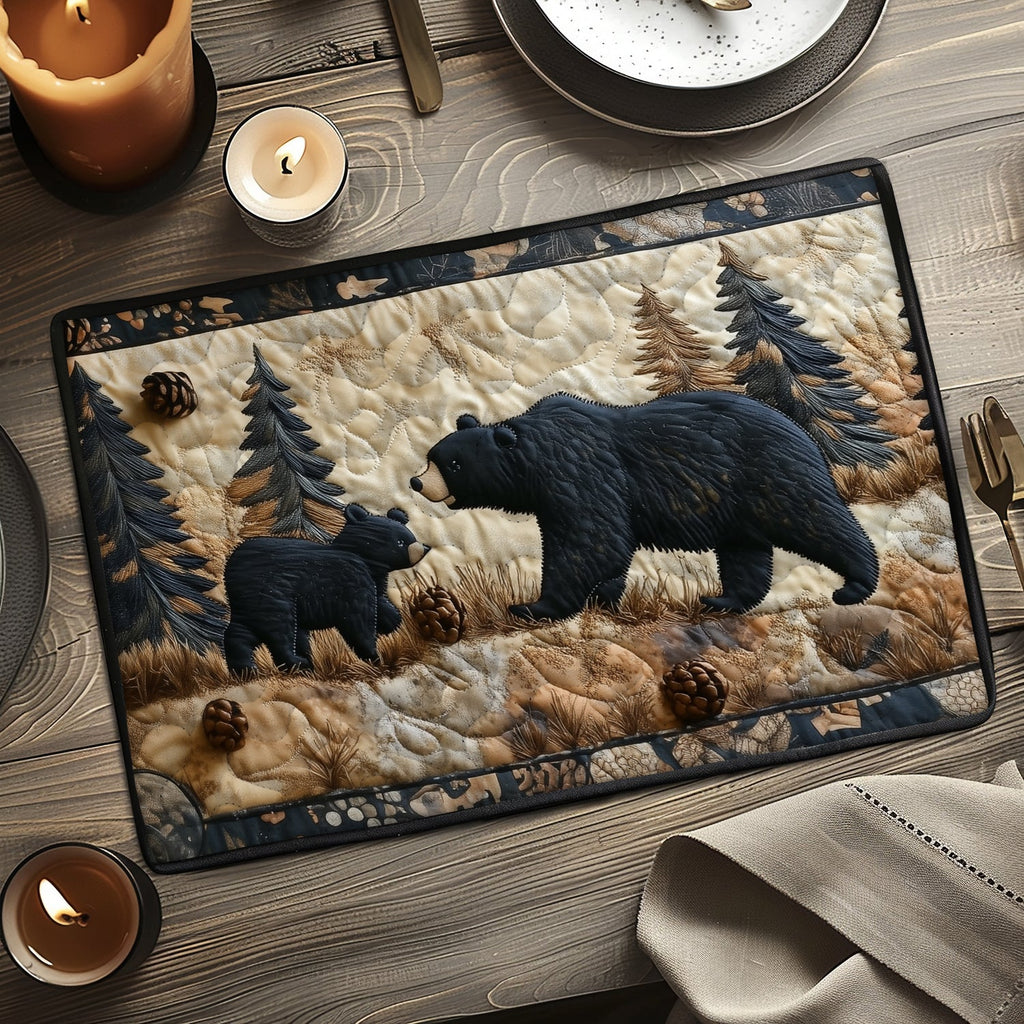 Black Bear Walk quilted placemats – bear and cub in pines