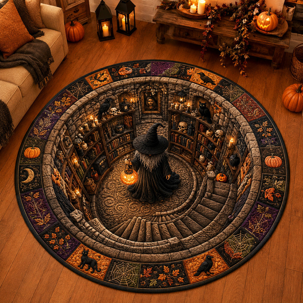 Dark Hollow round quilted mat – witch in dark pit
