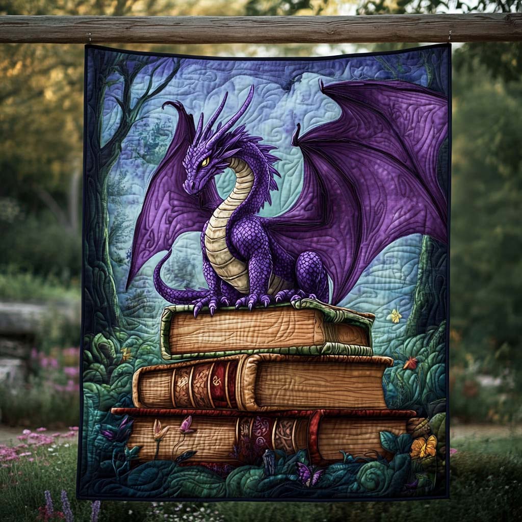 Purple Dragon on Books quilted throw – purple dragon on a stack of books