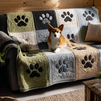Corgi and Paws quilted sofa cover – corgi among paw print squares