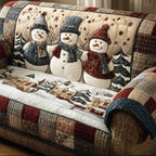 Snowman Family Patchwork quilted sofa cover – snowman family on plaid patchwork