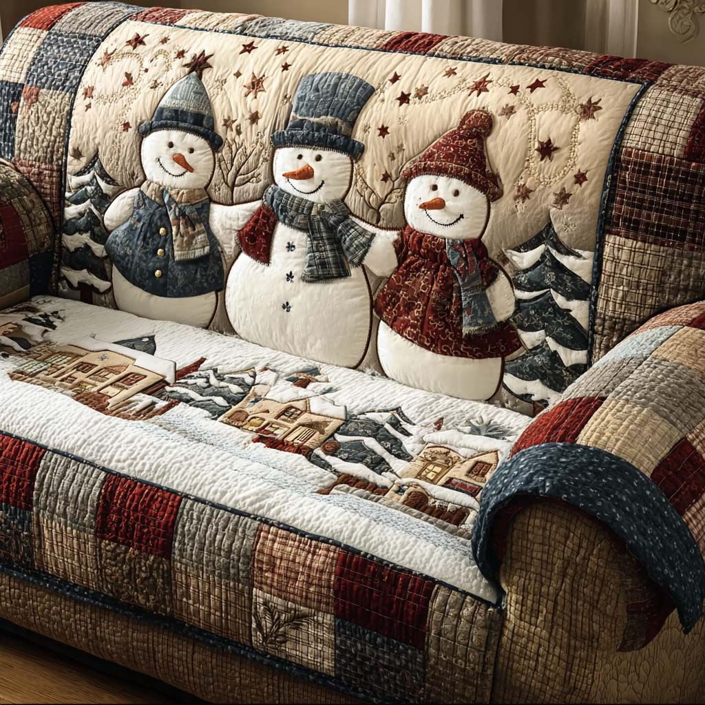 Snowman Family Patchwork quilted sofa cover – snowman family on plaid patchwork