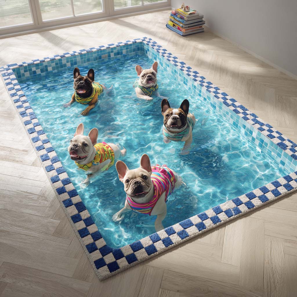 Deep-Dive Frenchies rug – frenchies in a pool