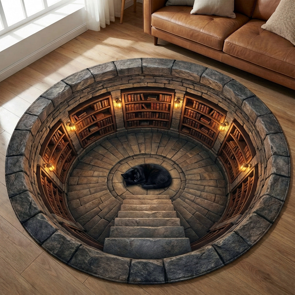 Deep Cellar round rug – stone cellar stair