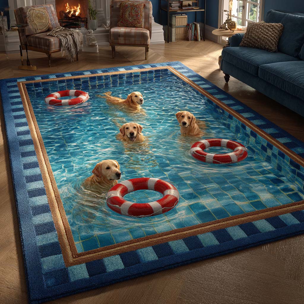 Deep Golden Retriever rug – retrievers in a pool