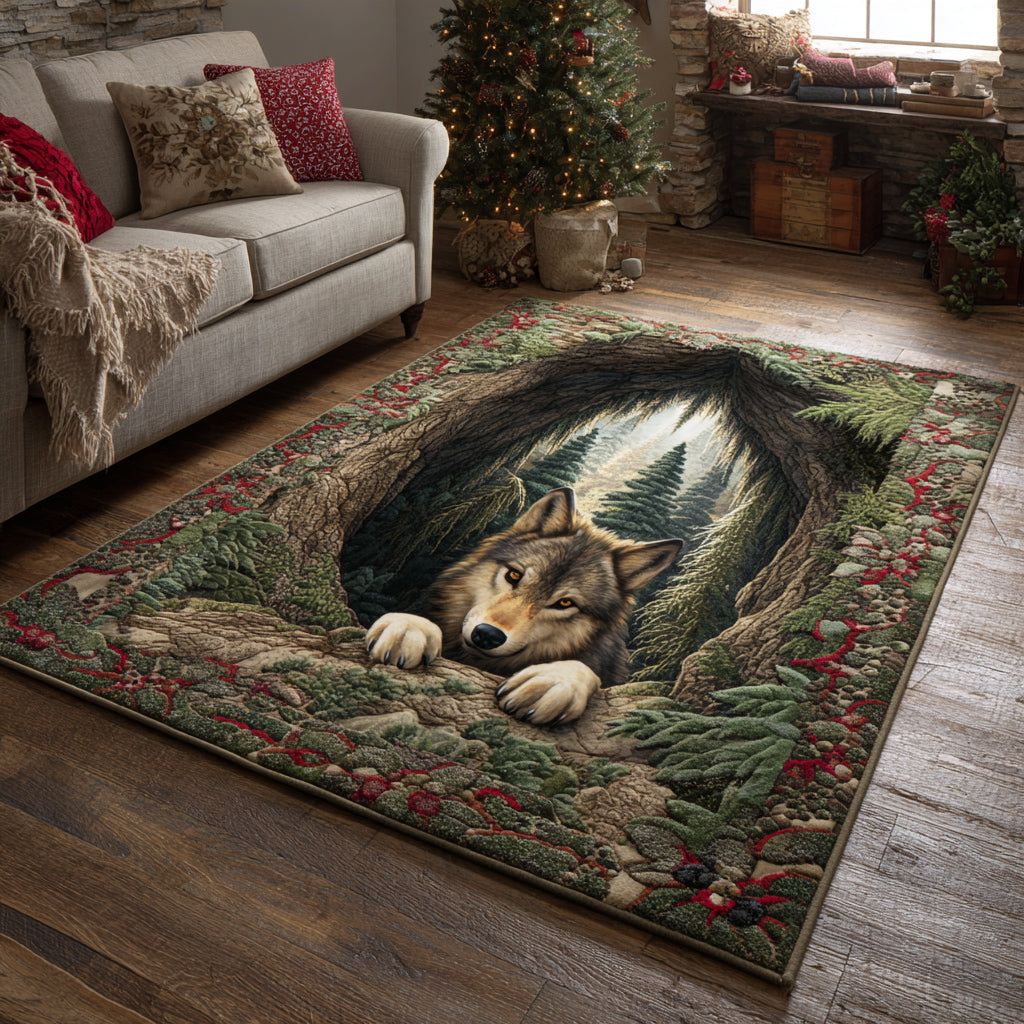 Deep Wolf Hollow rug – wolf in a forest hollow