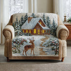 Deer and Snowy Cabin quilted sofa cover – deer before a snowy cabin