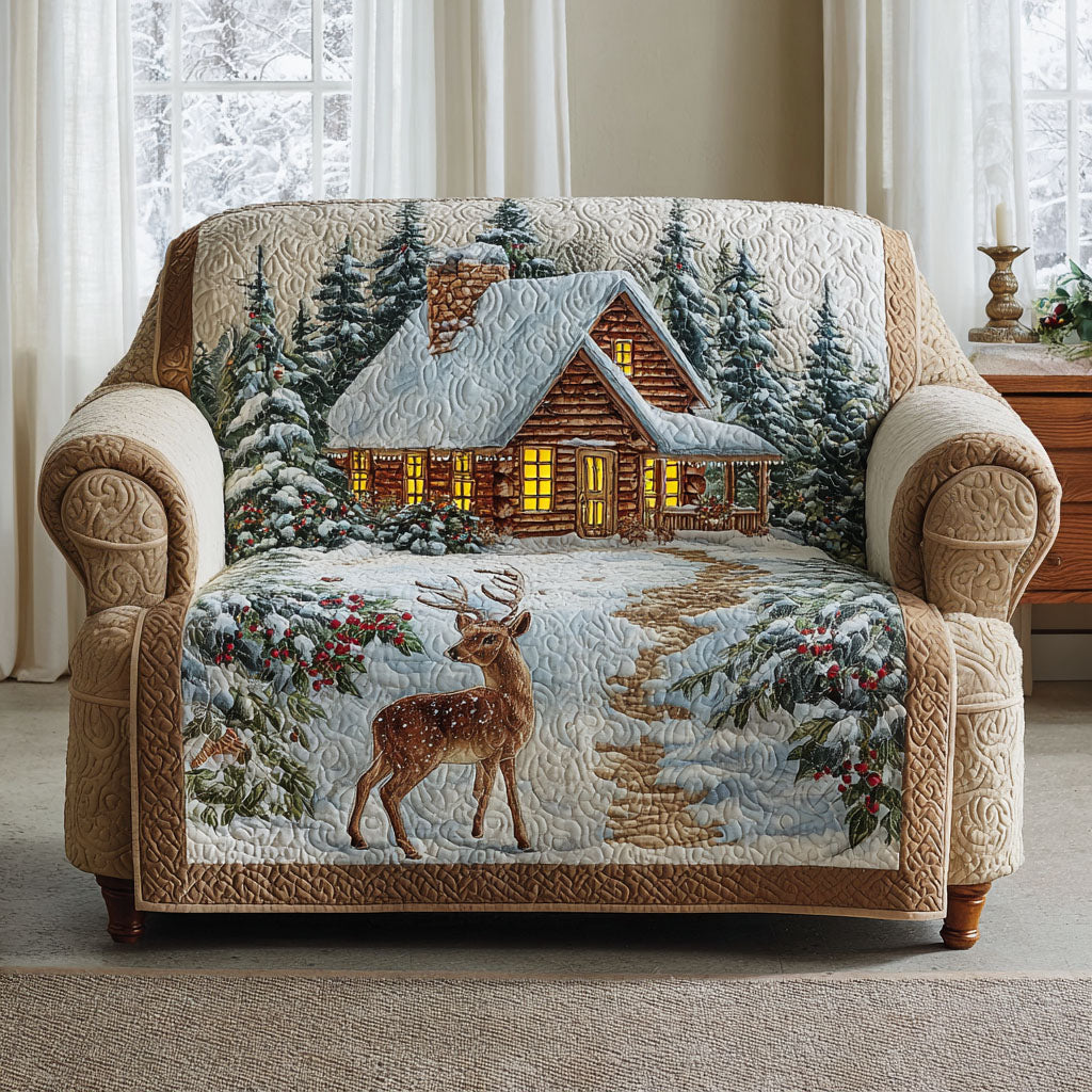 Deer and Snowy Cabin quilted sofa cover – deer before a snowy cabin