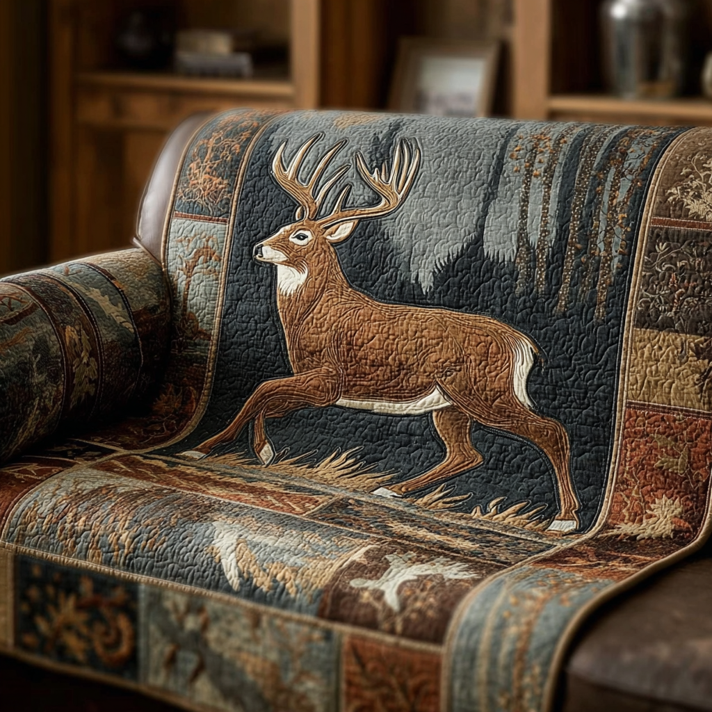 Leaping Stag quilted sofa cover – leaping stag on dark forest