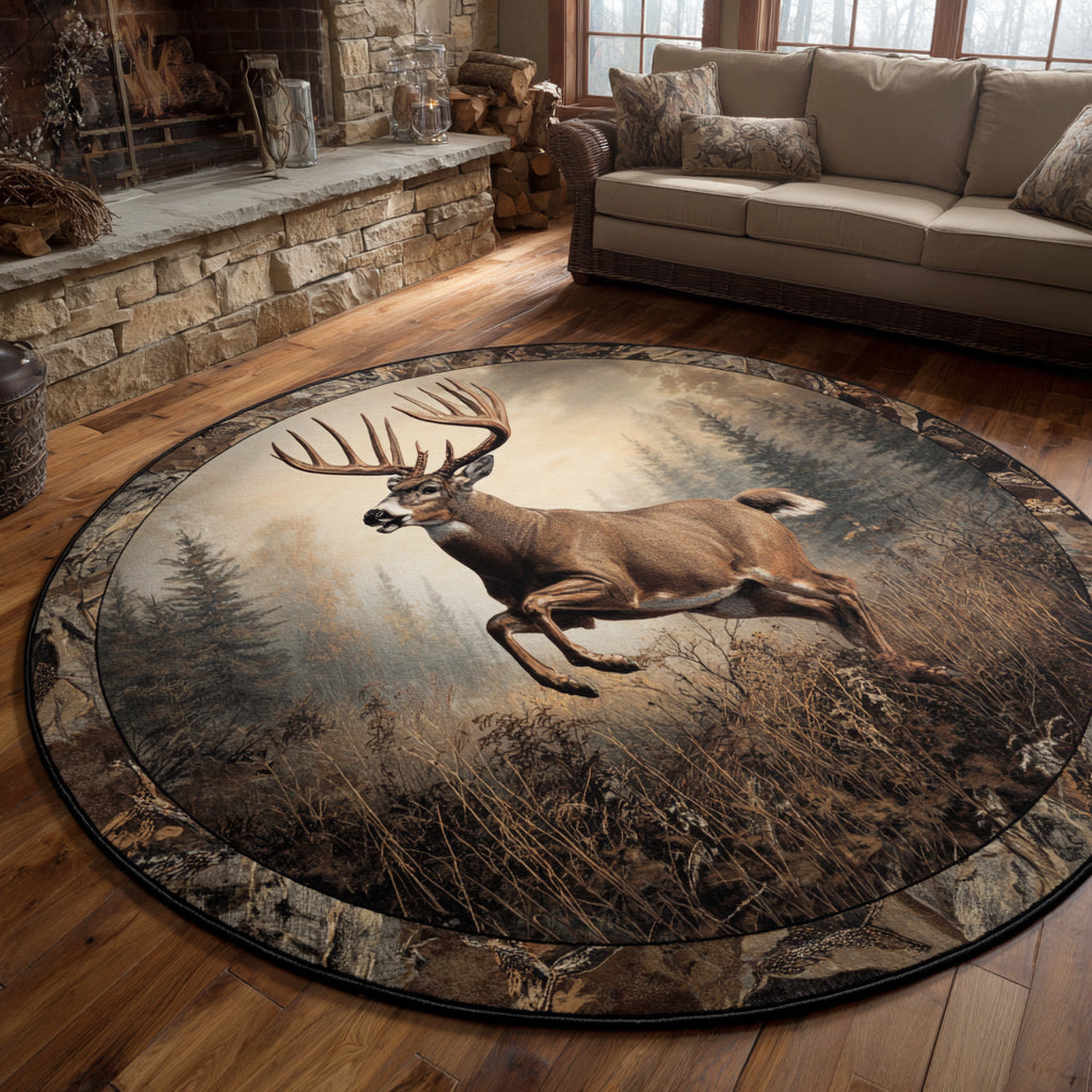 Deer Running Mist round rug – leaping stag