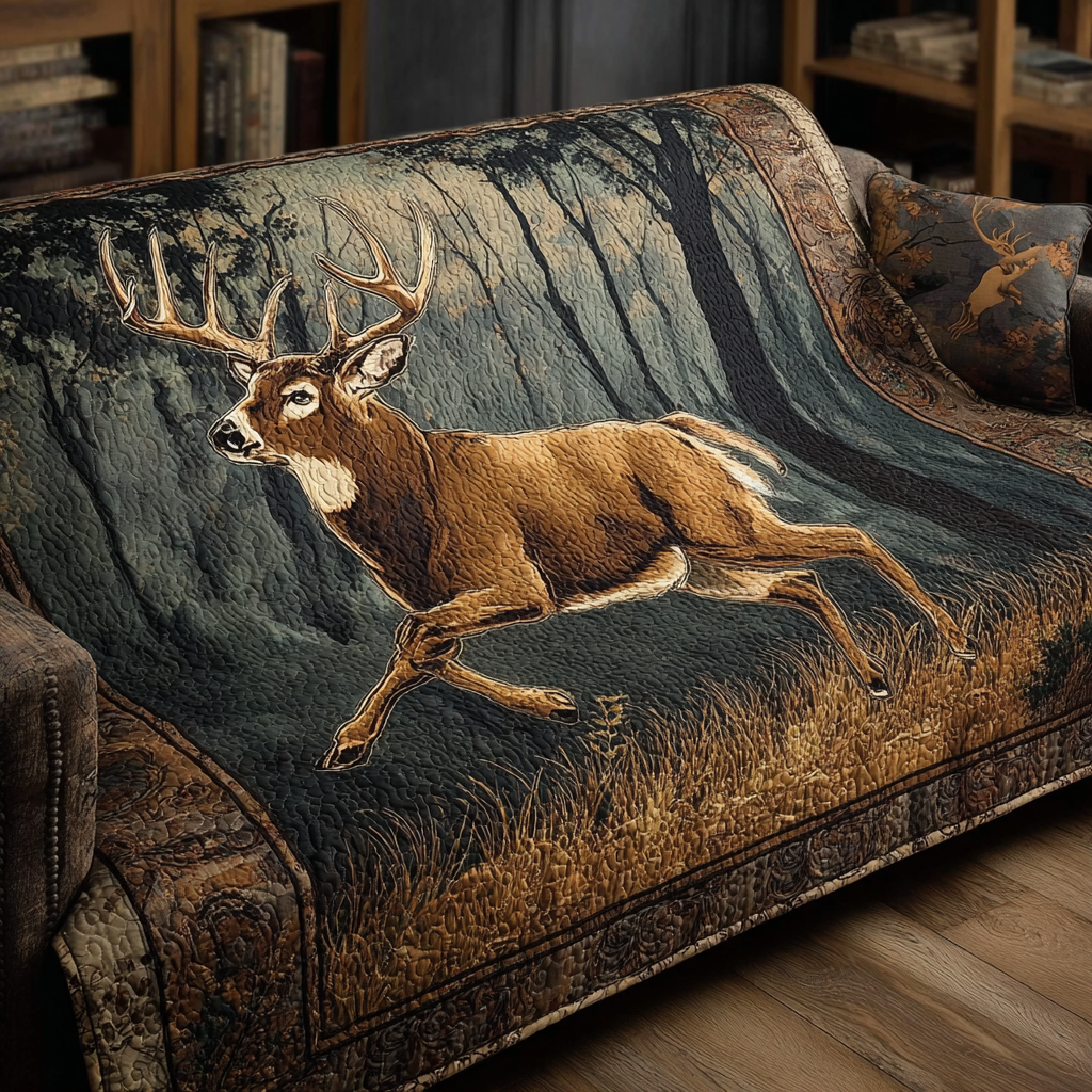 Twilight Stag quilted sofa cover – stag leaping beneath misty pines