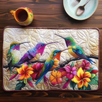 Cheerful Birdsong quilted placemats – hummingbirds on flowers