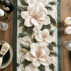 Ivory Magnolia quilted table runner – white magnolias on ivory