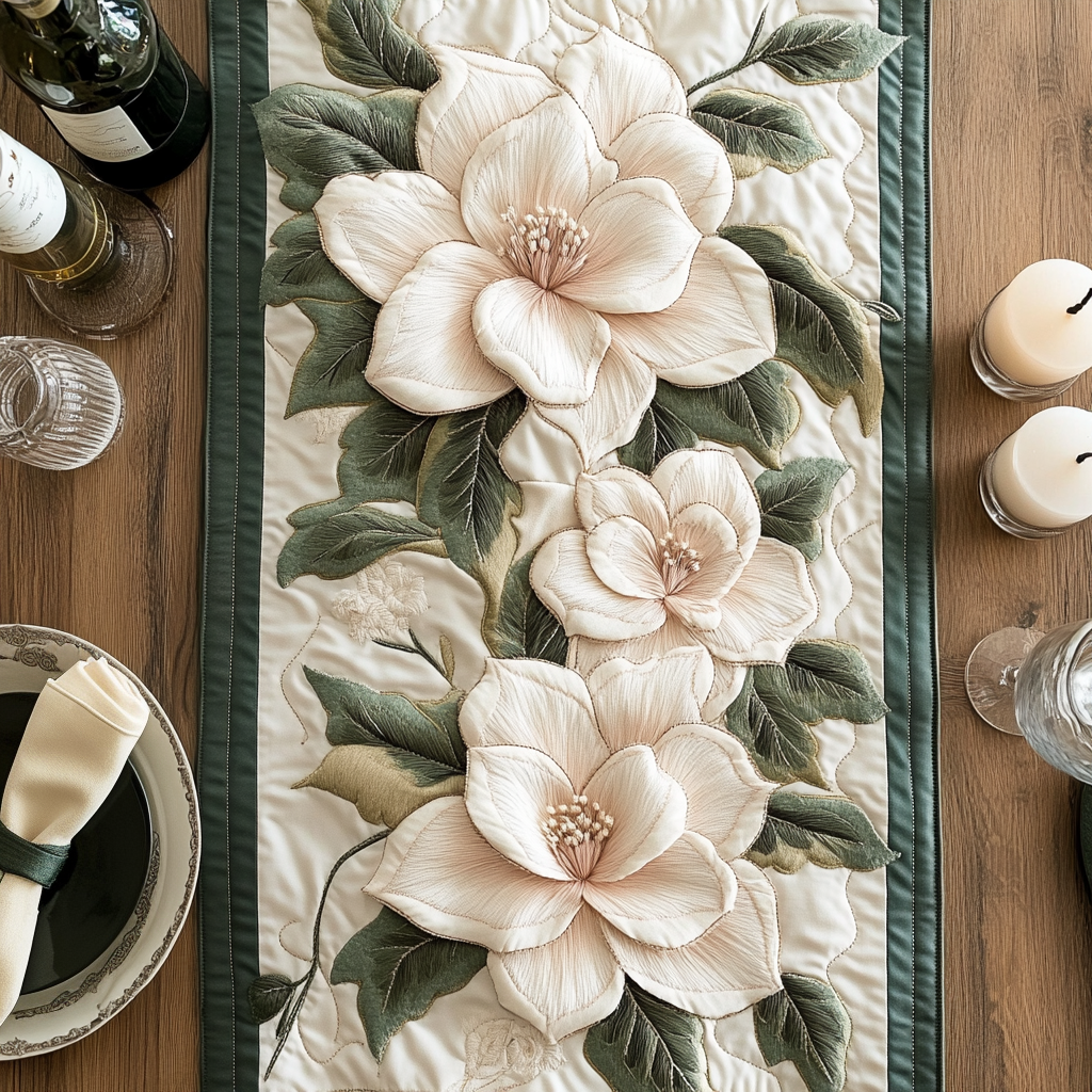 Ivory Magnolia quilted table runner – white magnolias on ivory