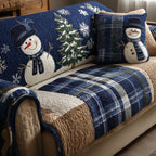 Snowman Blue Plaid quilted sofa cover – snowman with navy plaid
