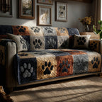 Denim Paws quilted sofa cover with denim blue, charcoal, rust and oatmeal squares carrying large dark paw prints