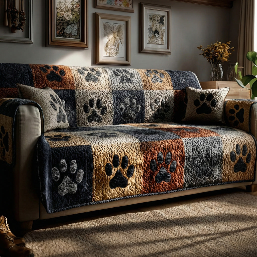 Denim Paws quilted sofa cover with denim blue, charcoal, rust and oatmeal squares carrying large dark paw prints