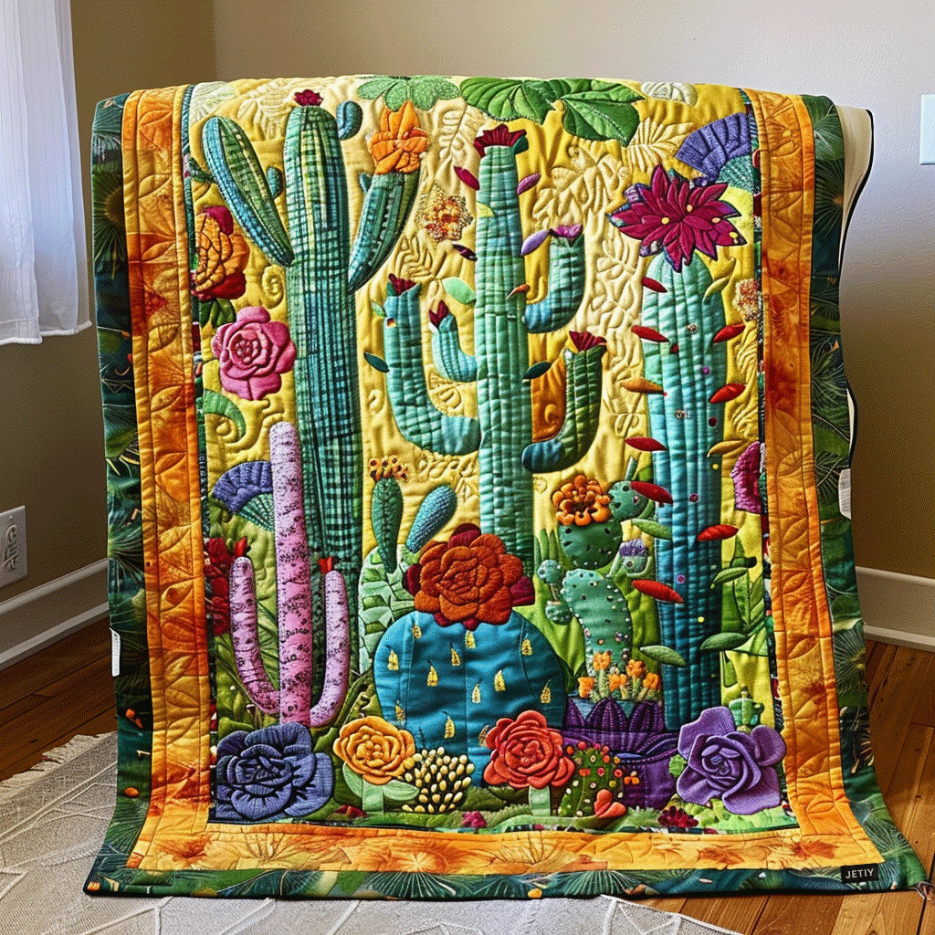 Cactus Blooms quilted throw – cacti with red and purple blooms on gold
