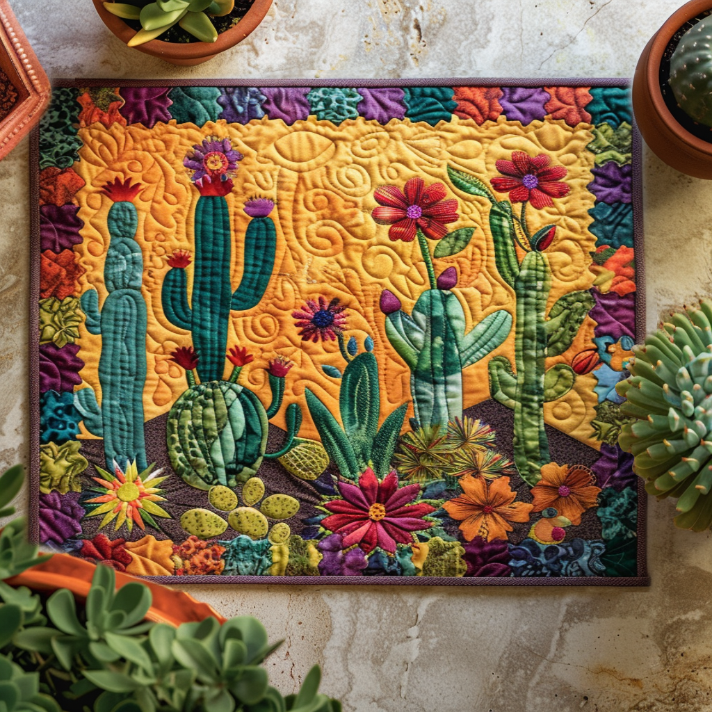 Desert Dreamscape quilted placemats – cacti on orange ground