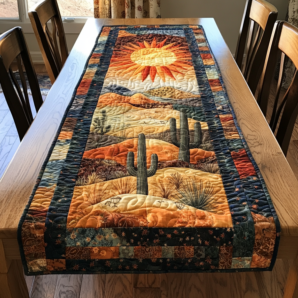 Desert Sunset quilted table runner – sun setting over cacti