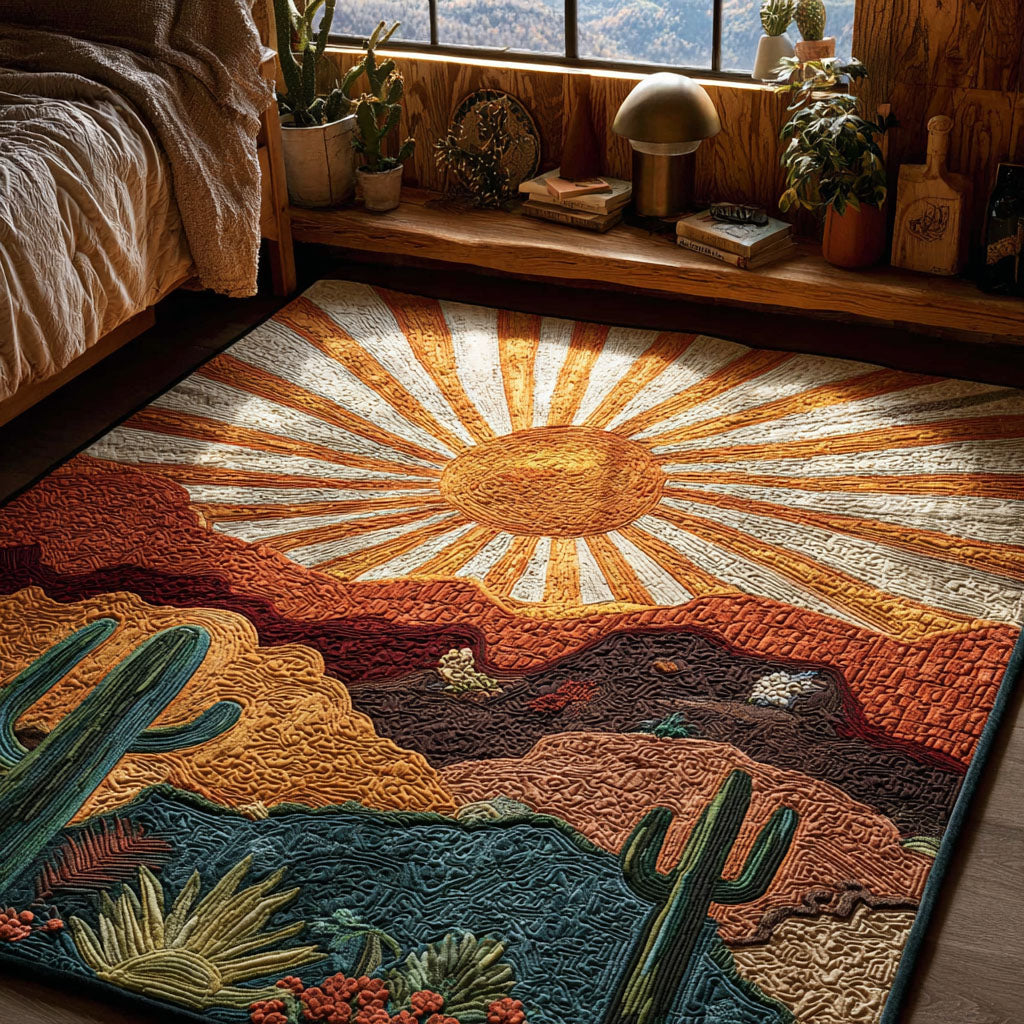 Desert Dawn Glow rug – sunburst over cacti
