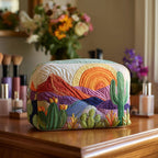 Desert Dawn quilted make-up bag with saguaro cacti under a rising sun over orange and purple desert hills