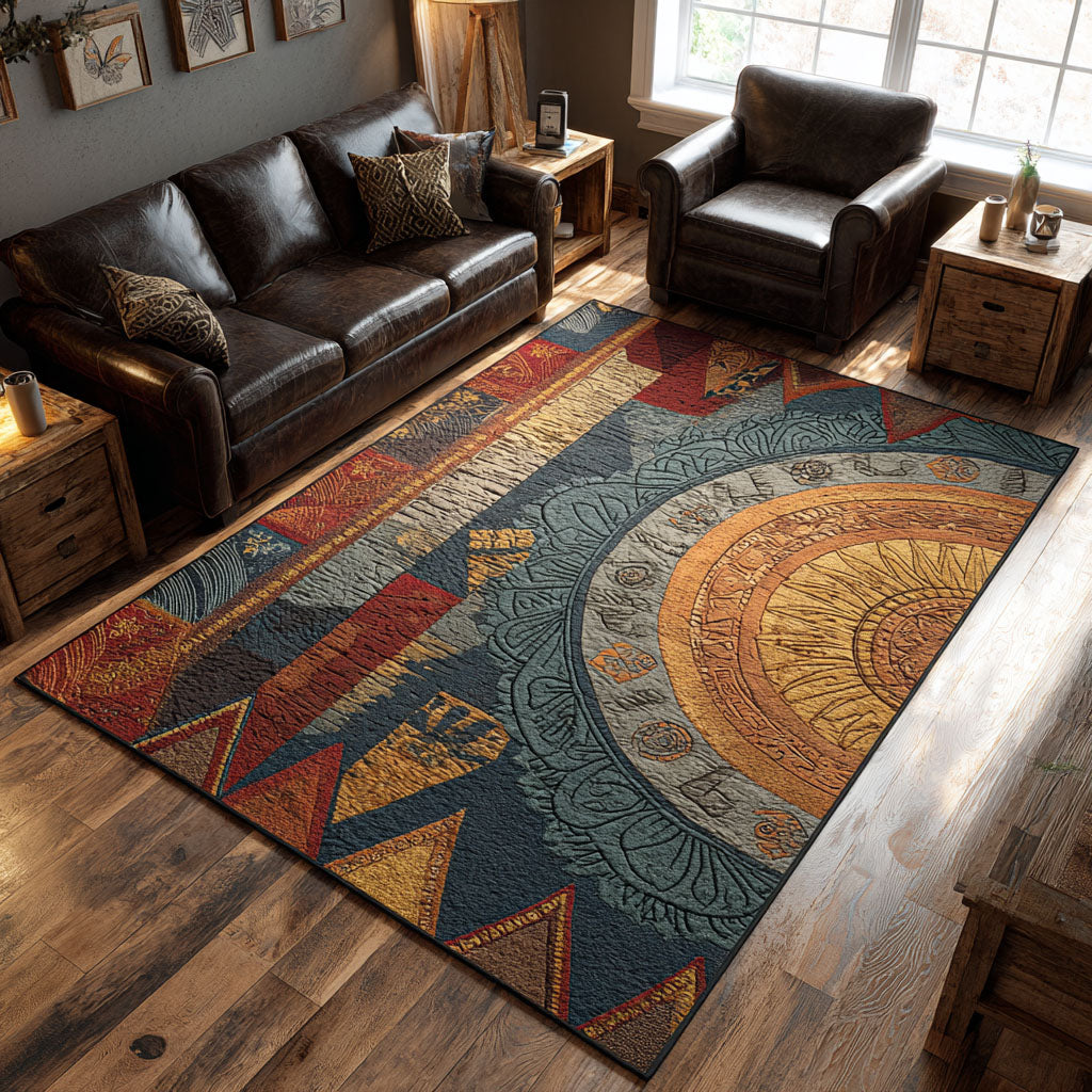Desert Feather Circle rug – sun mandala and feathers