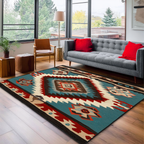 Desert Flame rug – red diamond on teal